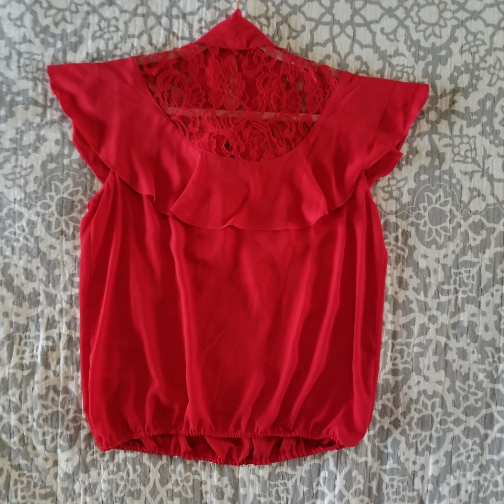 NY&CO | NWT TIE-FRONT LACE-YOKE RUFFLED TOP - Picture 5 of 5
